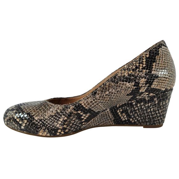 Vionic Antonia Black Gray Beige Leather Snake‎ Print Orthaheel Wedges Size 7.5 - Picture 1 of 9